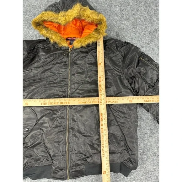 VTG Jordan Craig‎ Black Bomber Jacket Hooded Faux Fur Trim Orange Lined Mens 5XL